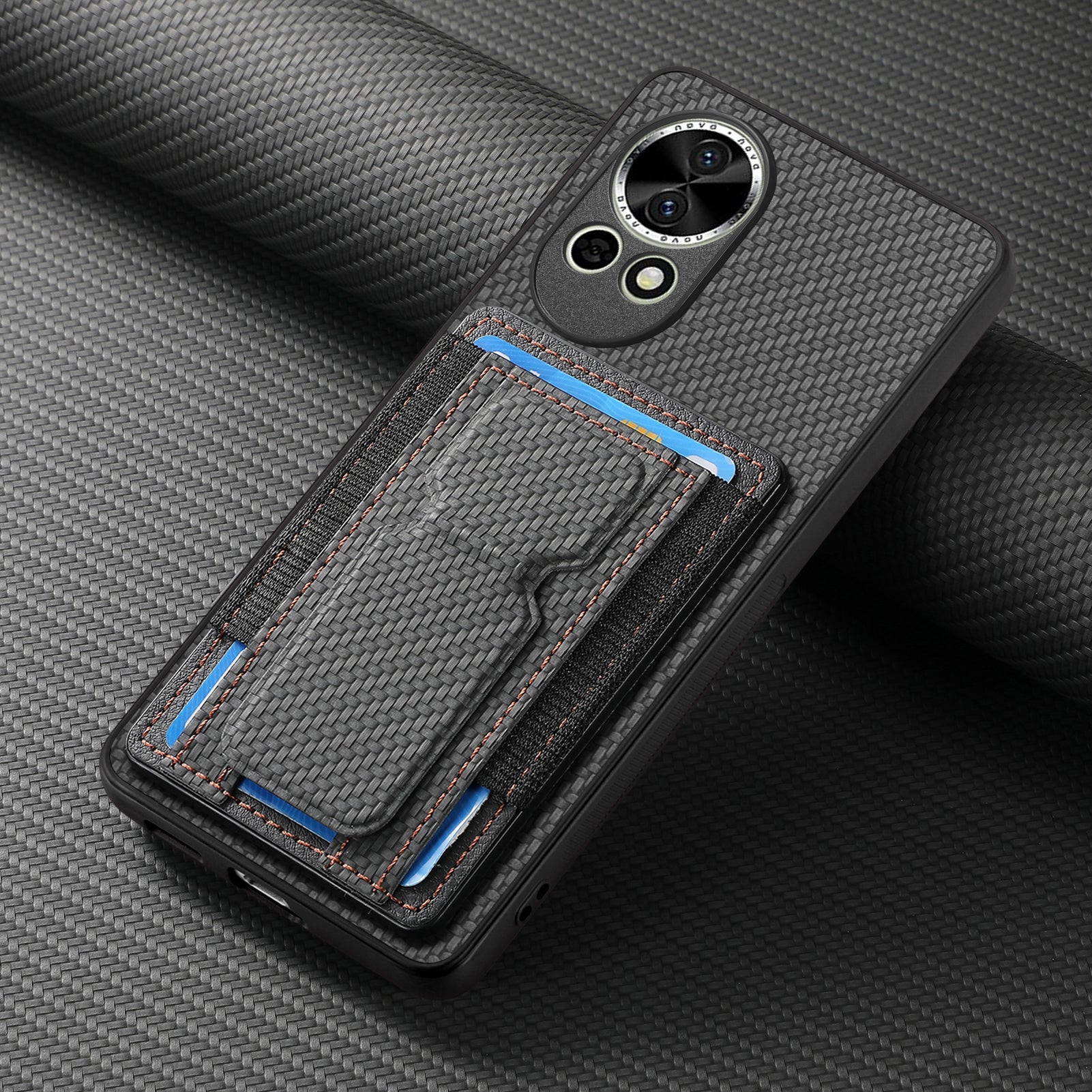 For Huawei nova 13 5G Case with Card Holder Kickstand Fiber Pattern Leather Back Cover - Black