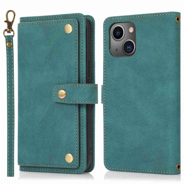 Full Protection Phone Case For iPhone 14 Plus, PU Leather Flip Folio Wallet Cover Stand with Multiple Card Slots - Green