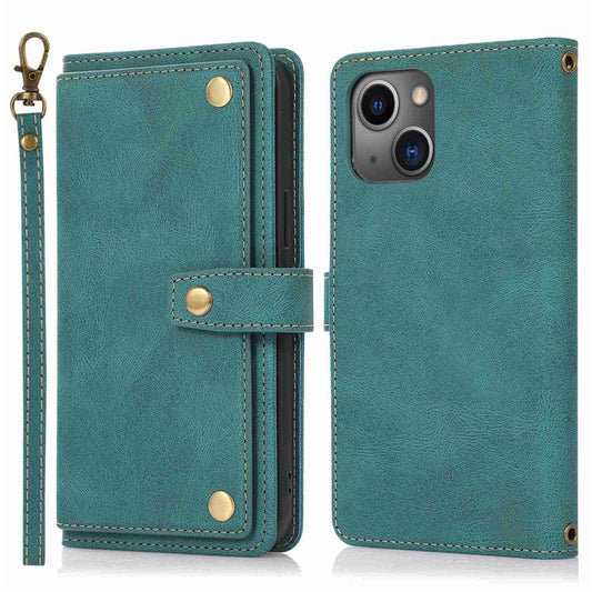 Full Protection Phone Case For iPhone 14 Plus, PU Leather Flip Folio Wallet Cover Stand with Multiple Card Slots - Green
