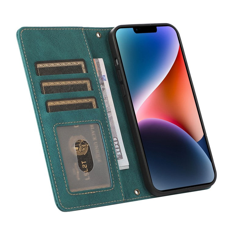 Full Protection Phone Case For iPhone 14 Plus, PU Leather Flip Folio Wallet Cover Stand with Multiple Card Slots - Green