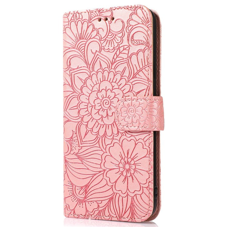 For iPhone 14 Imprinted Flower Pattern PU Leather Phone Cover Stand Shockproof Phone Wallet Case with Strap - Pink