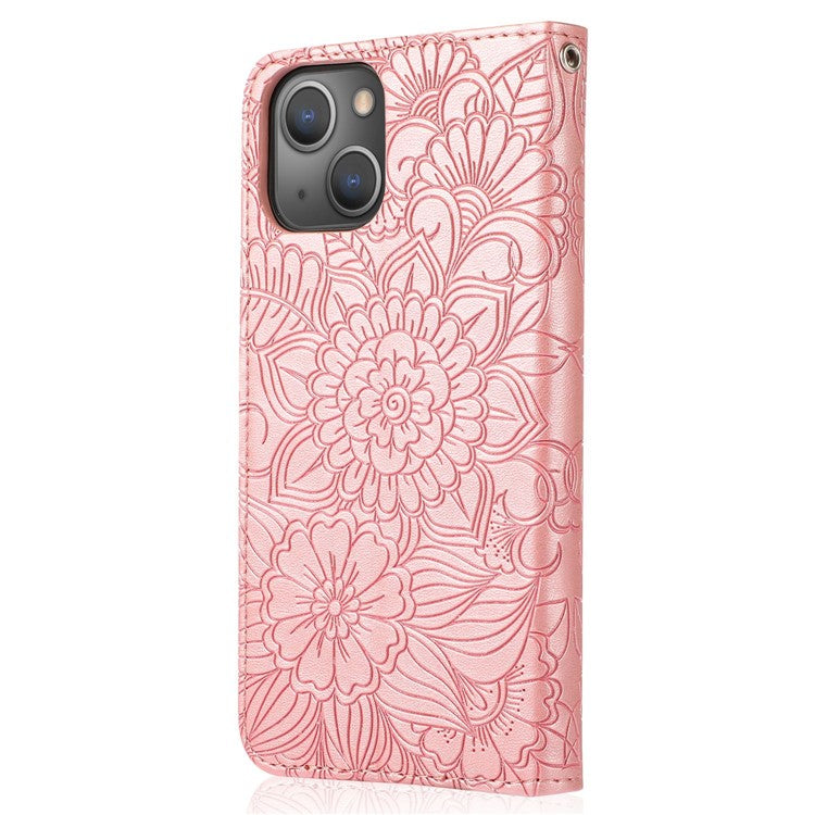 For iPhone 14 Imprinted Flower Pattern PU Leather Phone Cover Stand Shockproof Phone Wallet Case with Strap - Pink