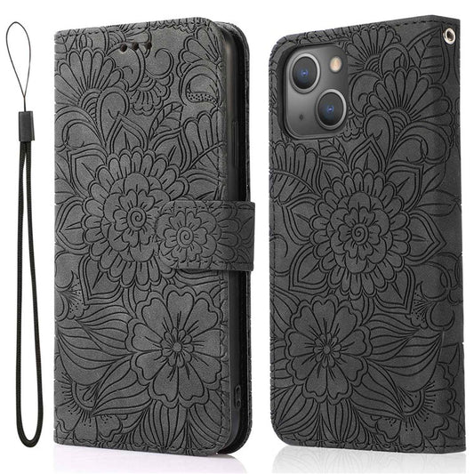 For iPhone 14 Imprinted Flower Pattern PU Leather Phone Cover Stand Shockproof Phone Wallet Case with Strap - Black