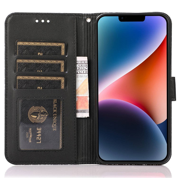 For iPhone 14 Imprinted Flower Pattern PU Leather Phone Cover Stand Shockproof Phone Wallet Case with Strap - Black