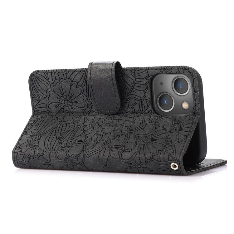 For iPhone 14 Imprinted Flower Pattern PU Leather Phone Cover Stand Shockproof Phone Wallet Case with Strap - Black