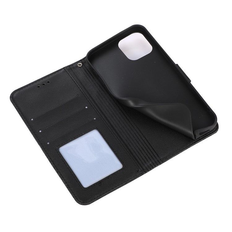 For iPhone 14 Imprinted Flower Pattern PU Leather Phone Cover Stand Shockproof Phone Wallet Case with Strap - Black