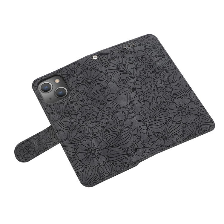 For iPhone 14 Imprinted Flower Pattern PU Leather Phone Cover Stand Shockproof Phone Wallet Case with Strap - Black