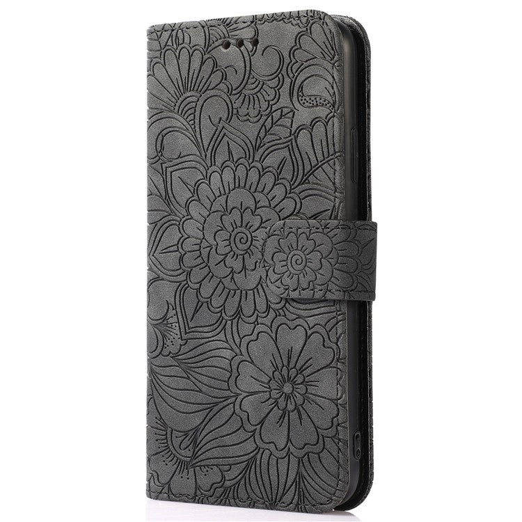 For iPhone 14 Imprinted Flower Pattern PU Leather Phone Cover Stand Shockproof Phone Wallet Case with Strap - Black