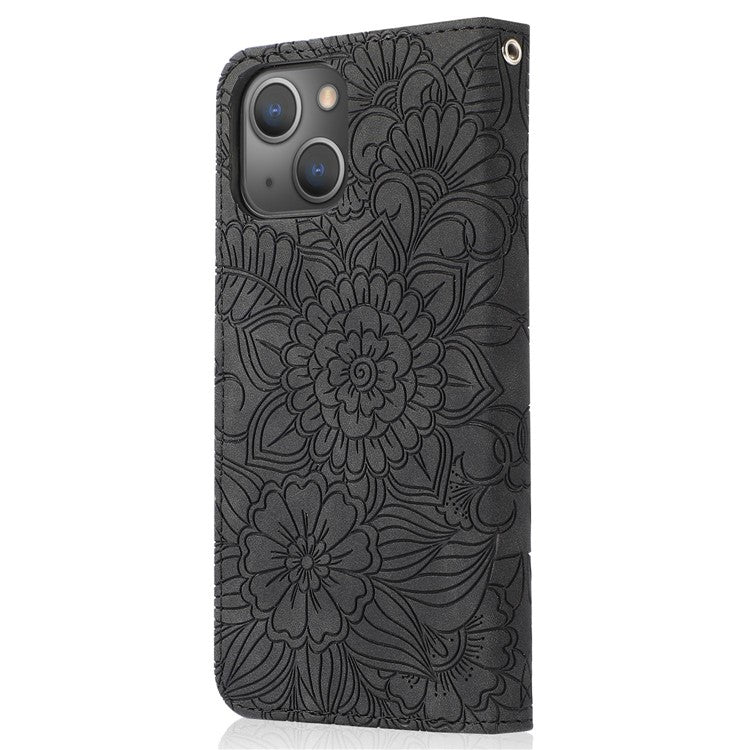 For iPhone 14 Imprinted Flower Pattern PU Leather Phone Cover Stand Shockproof Phone Wallet Case with Strap - Black