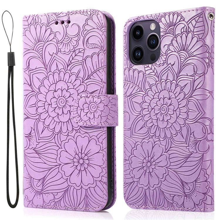 PU Leather Phone Case for iPhone 14 Pro Max, Imprinted Flower Pattern Stand Wallet Case with Strap - Purple