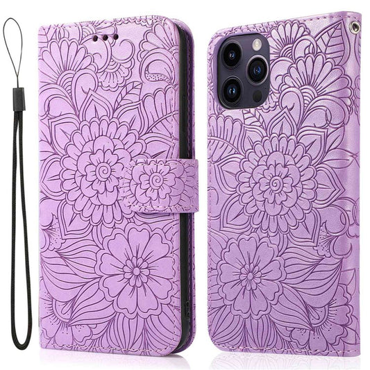 PU Leather Phone Case for iPhone 14 Pro Max, Imprinted Flower Pattern Stand Wallet Case with Strap - Purple
