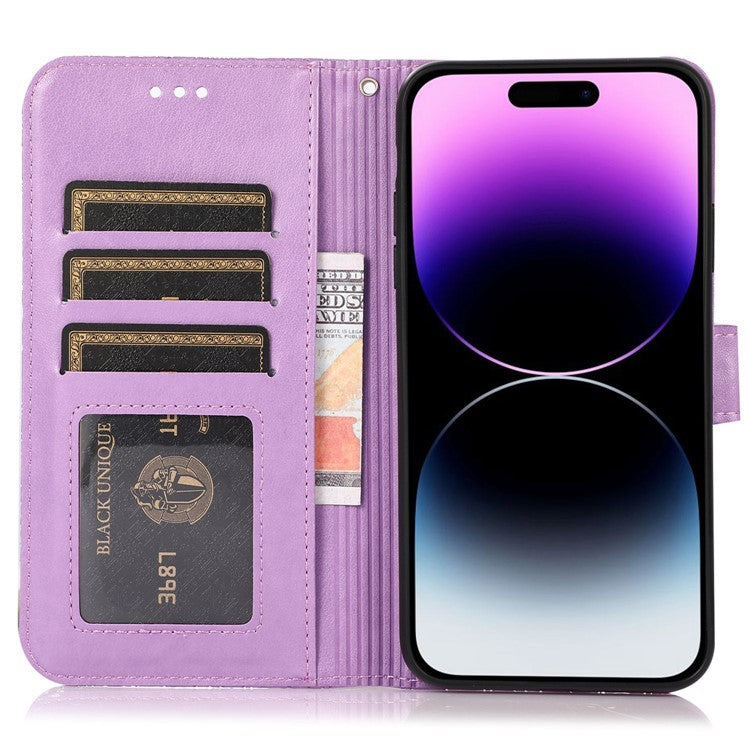 PU Leather Phone Case for iPhone 14 Pro Max, Imprinted Flower Pattern Stand Wallet Case with Strap - Purple