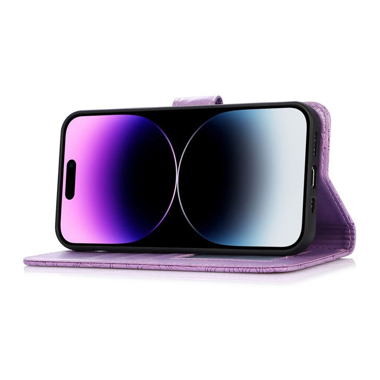 PU Leather Phone Case for iPhone 14 Pro Max, Imprinted Flower Pattern Stand Wallet Case with Strap - Purple