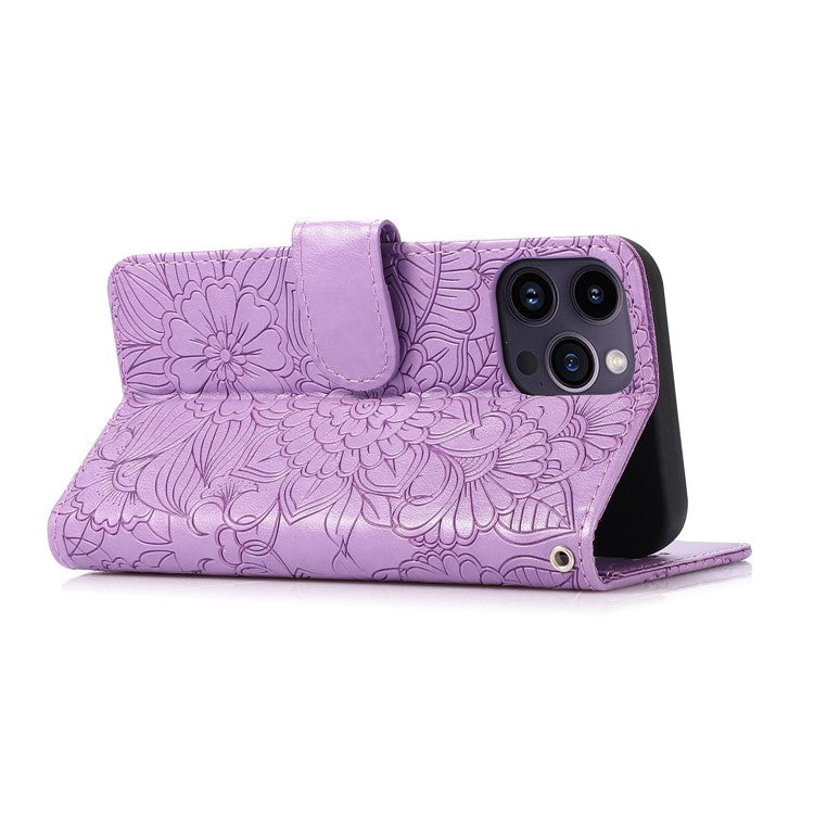 PU Leather Phone Case for iPhone 14 Pro Max, Imprinted Flower Pattern Stand Wallet Case with Strap - Purple