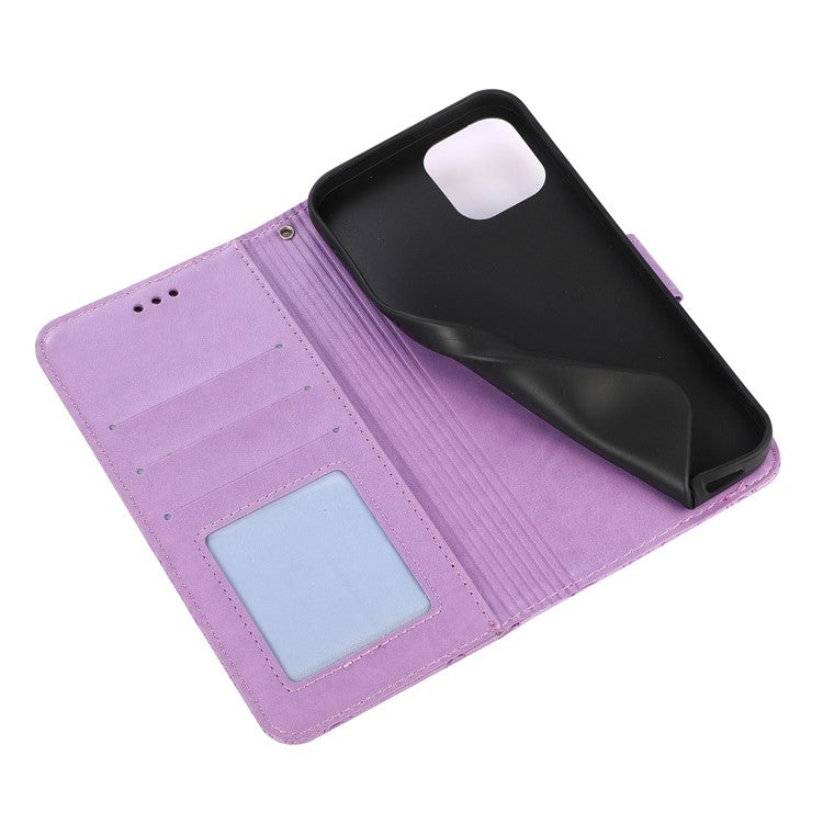 PU Leather Phone Case for iPhone 14 Pro Max, Imprinted Flower Pattern Stand Wallet Case with Strap - Purple