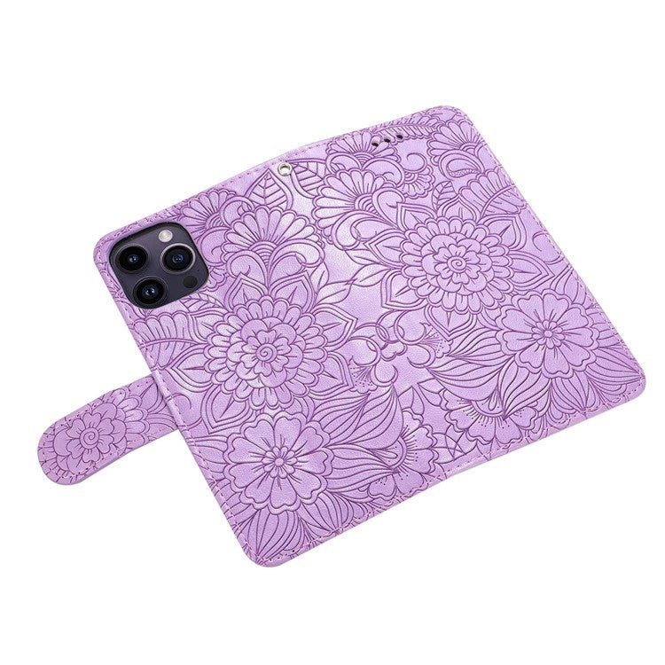 PU Leather Phone Case for iPhone 14 Pro Max, Imprinted Flower Pattern Stand Wallet Case with Strap - Purple