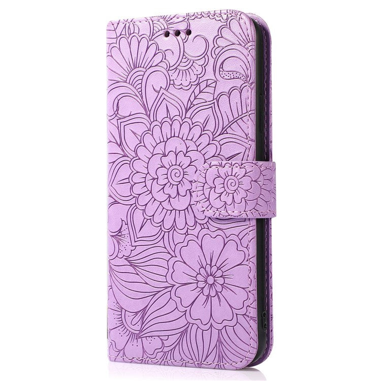 PU Leather Phone Case for iPhone 14 Pro Max, Imprinted Flower Pattern Stand Wallet Case with Strap - Purple