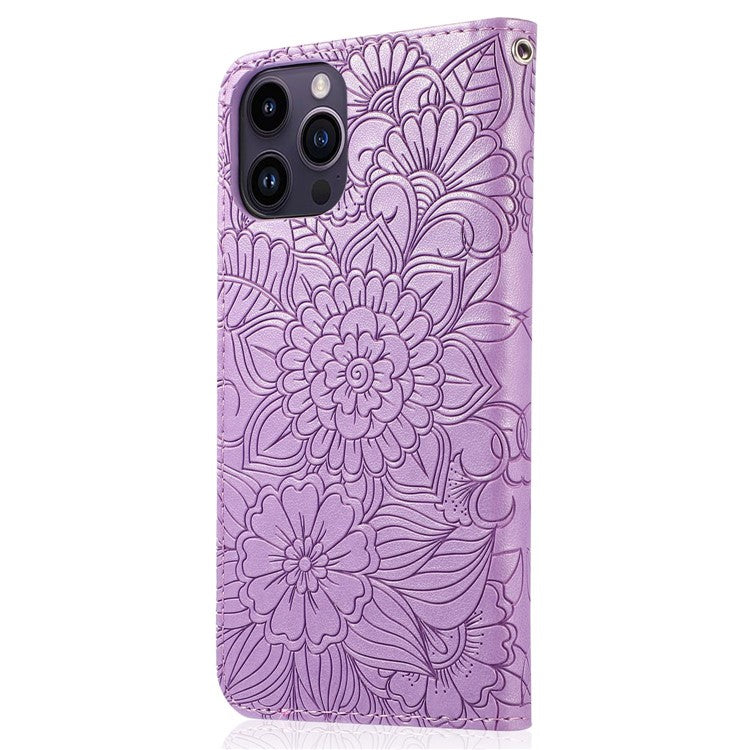 PU Leather Phone Case for iPhone 14 Pro Max, Imprinted Flower Pattern Stand Wallet Case with Strap - Purple