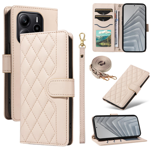 For Xiaomi Redmi Note 14 4G (164.84x78.15x8.16mm) Wallet Case Rhombus Leather Phone Cover with Strap - Apricot