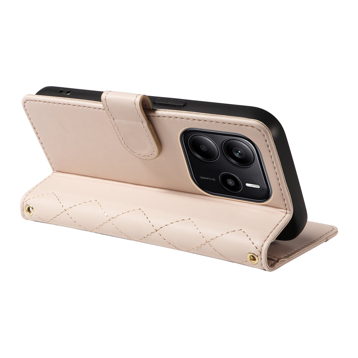 For Xiaomi Redmi Note 14 4G (164.84x78.15x8.16mm) Wallet Case Rhombus Leather Phone Cover with Strap - Apricot