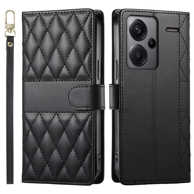 For Xiaomi Redmi Note 13 Pro+ 5G Case Rhombus Stitching Wallet Stand Leather Phone Cover with Long  /  Short Strap - Black
