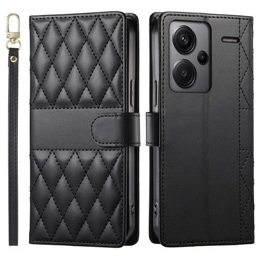 For Xiaomi Redmi Note 13 Pro+ 5G Case Rhombus Stitching Wallet Stand Leather Phone Cover with Long  /  Short Strap - Black