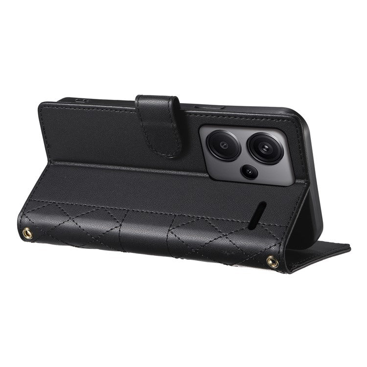 For Xiaomi Redmi Note 13 Pro+ 5G Case Rhombus Stitching Wallet Stand Leather Phone Cover with Long  /  Short Strap - Black