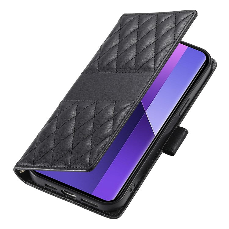 For Xiaomi Redmi Note 13 Pro+ 5G Case Rhombus Stitching Wallet Stand Leather Phone Cover with Long  /  Short Strap - Black
