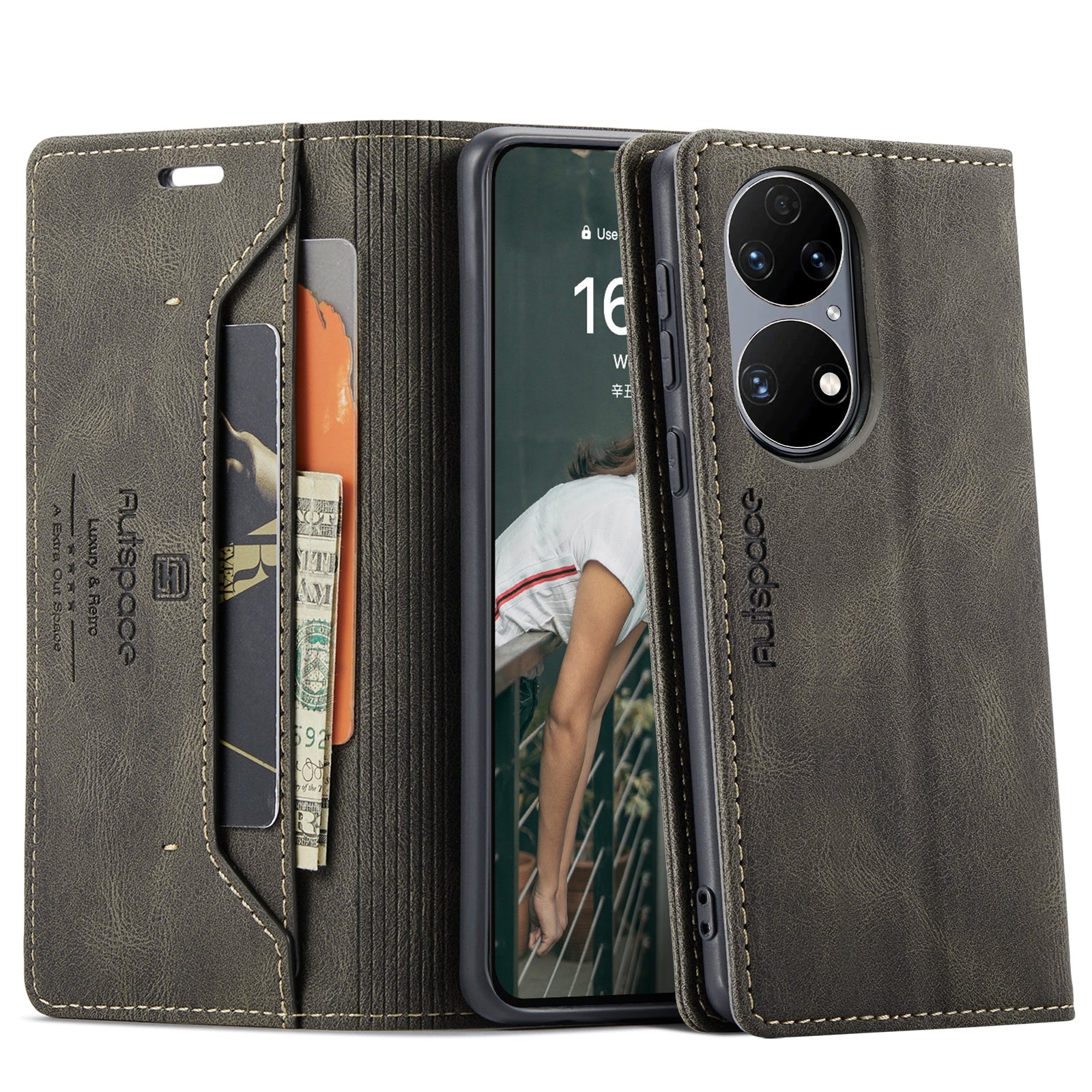 For Huawei P50E / Huawei P50 4G Wallet Case AUTSPACE A01 Leather Stand Cover with RFID Blocking Card Holder - Coffee