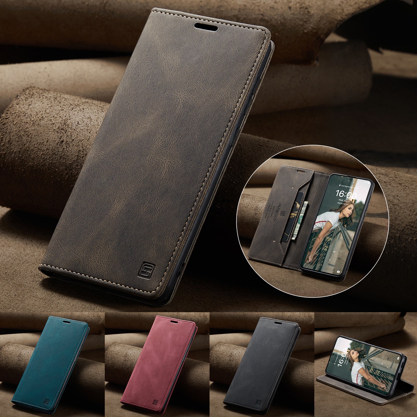 For Huawei P50E / Huawei P50 4G Wallet Case AUTSPACE A01 Leather Stand Cover with RFID Blocking Card Holder - Coffee