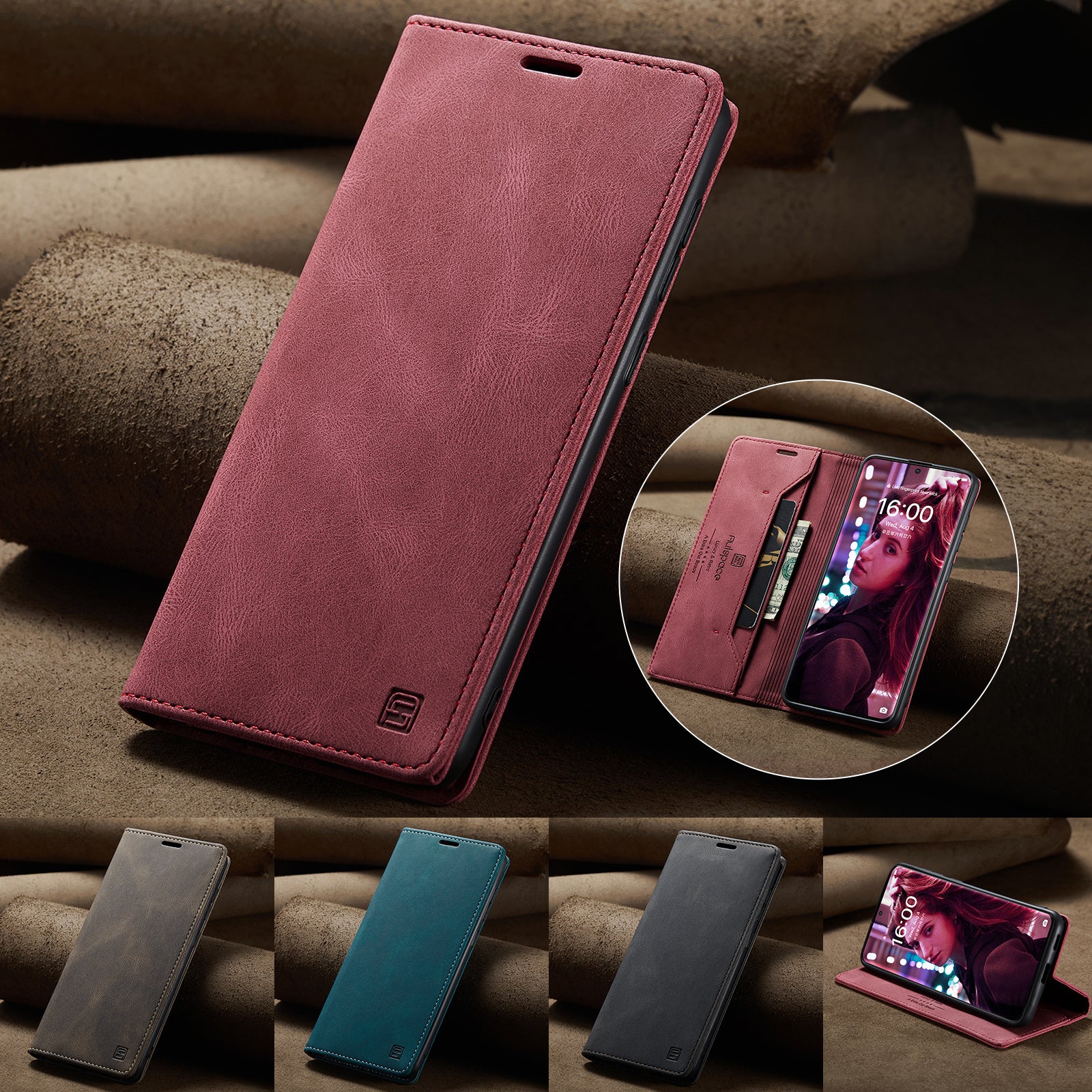 For Huawei P50 Pro 4G Wallet Case AUTSPACE A01 Leather Stand Cover with RFID Blocking Card Holder - Red