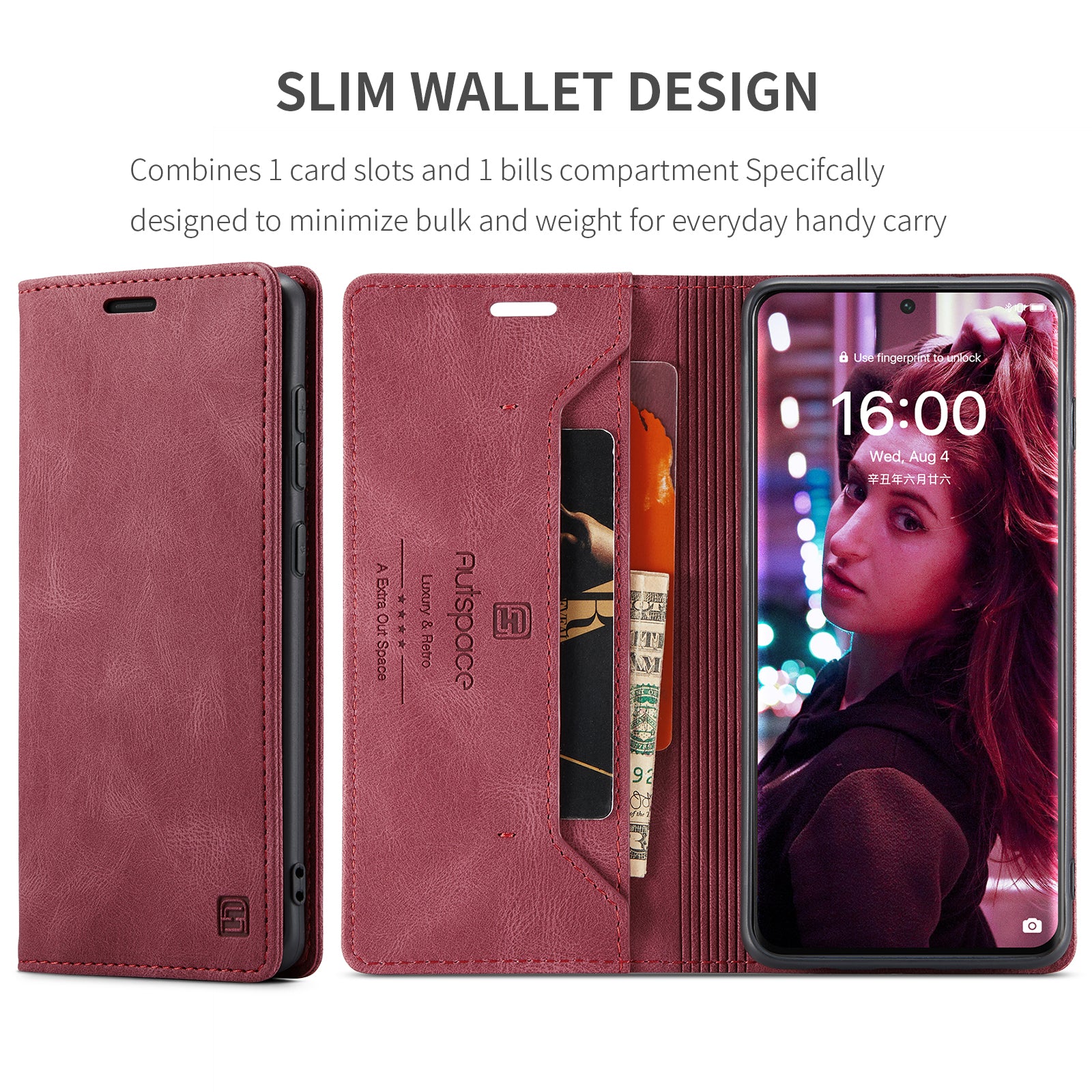 For Huawei P50 Pro 4G Wallet Case AUTSPACE A01 Leather Stand Cover with RFID Blocking Card Holder - Red