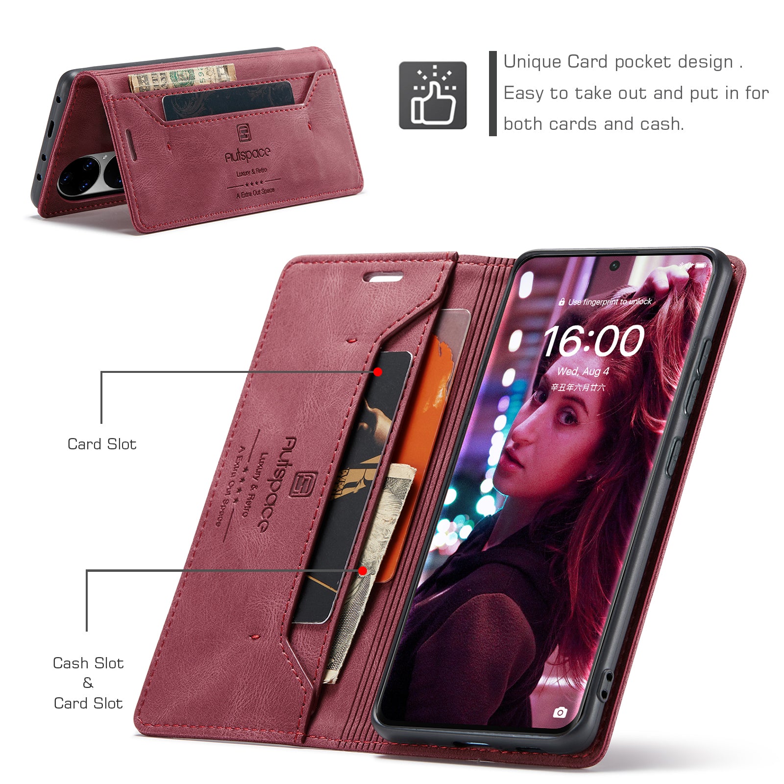 For Huawei P50 Pro 4G Wallet Case AUTSPACE A01 Leather Stand Cover with RFID Blocking Card Holder - Red