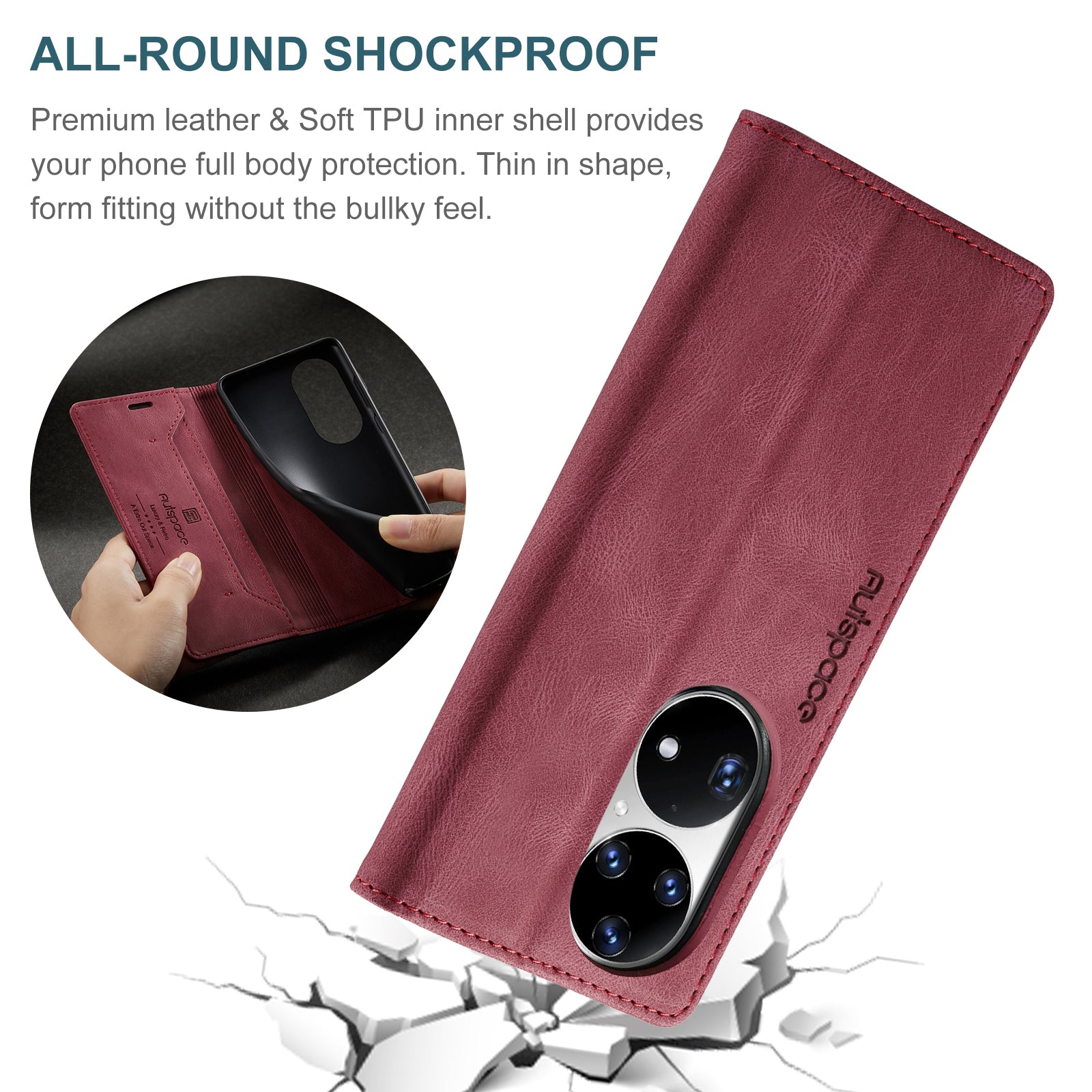 For Huawei P50 Pro 4G Wallet Case AUTSPACE A01 Leather Stand Cover with RFID Blocking Card Holder - Red