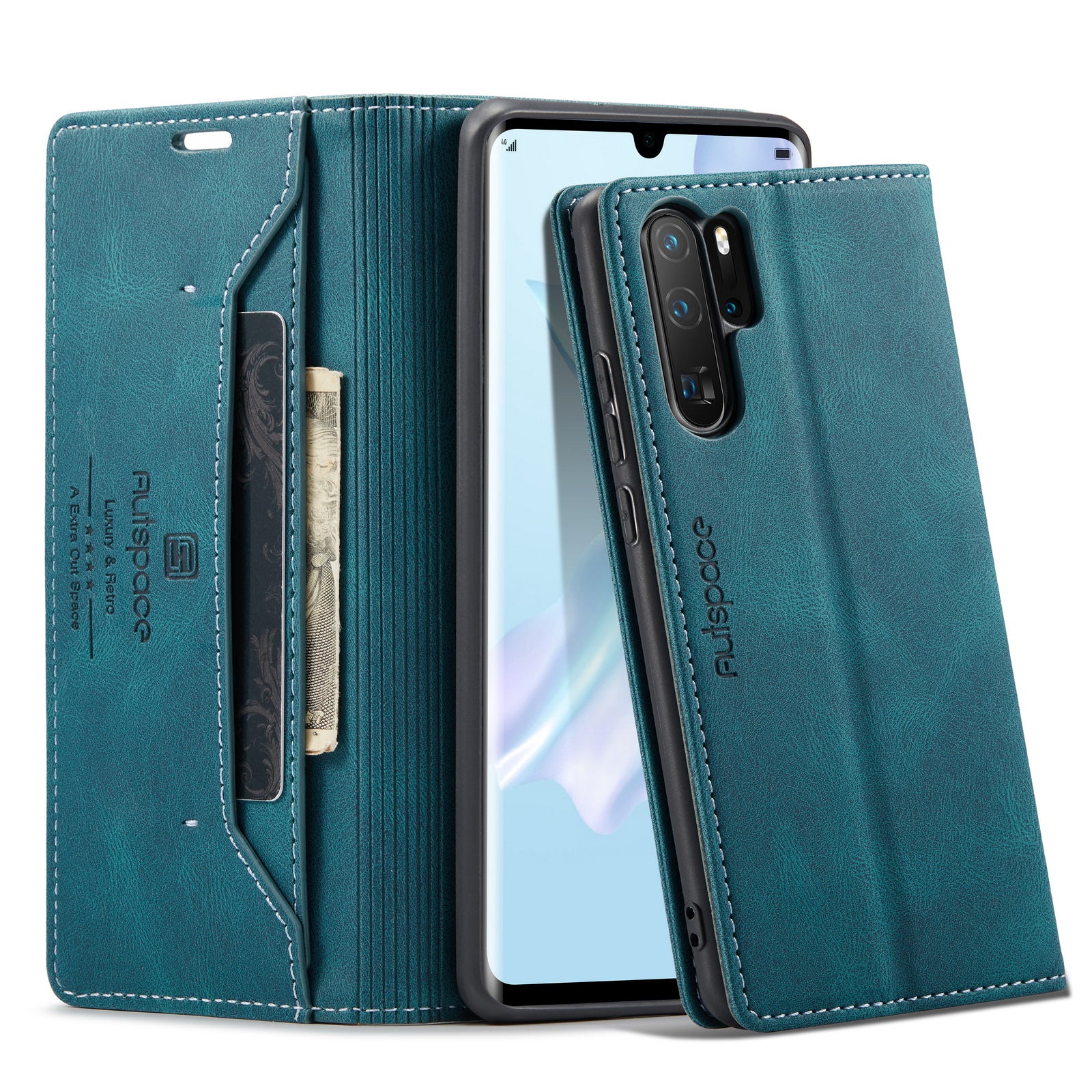 For Huawei P30 Pro Wallet Case AUTSPACE A01 Leather Stand Cover with RFID Blocking Card Holder - Blue