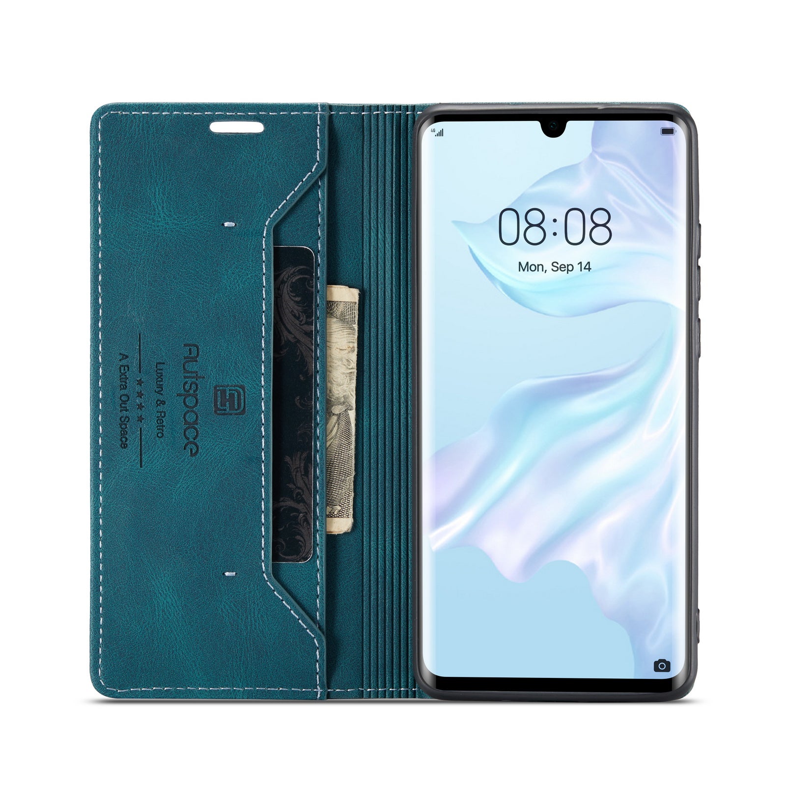 For Huawei P30 Pro Wallet Case AUTSPACE A01 Leather Stand Cover with RFID Blocking Card Holder - Blue