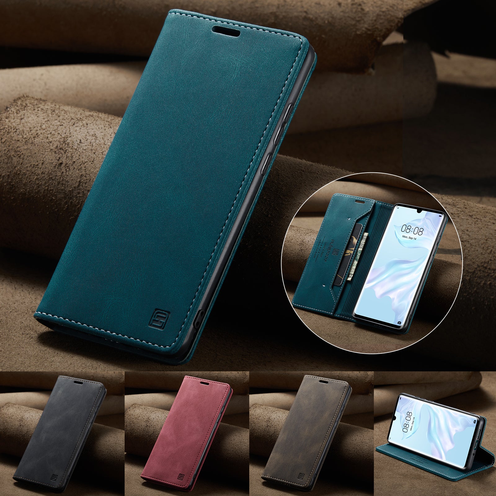 For Huawei P30 Pro Wallet Case AUTSPACE A01 Leather Stand Cover with RFID Blocking Card Holder - Blue