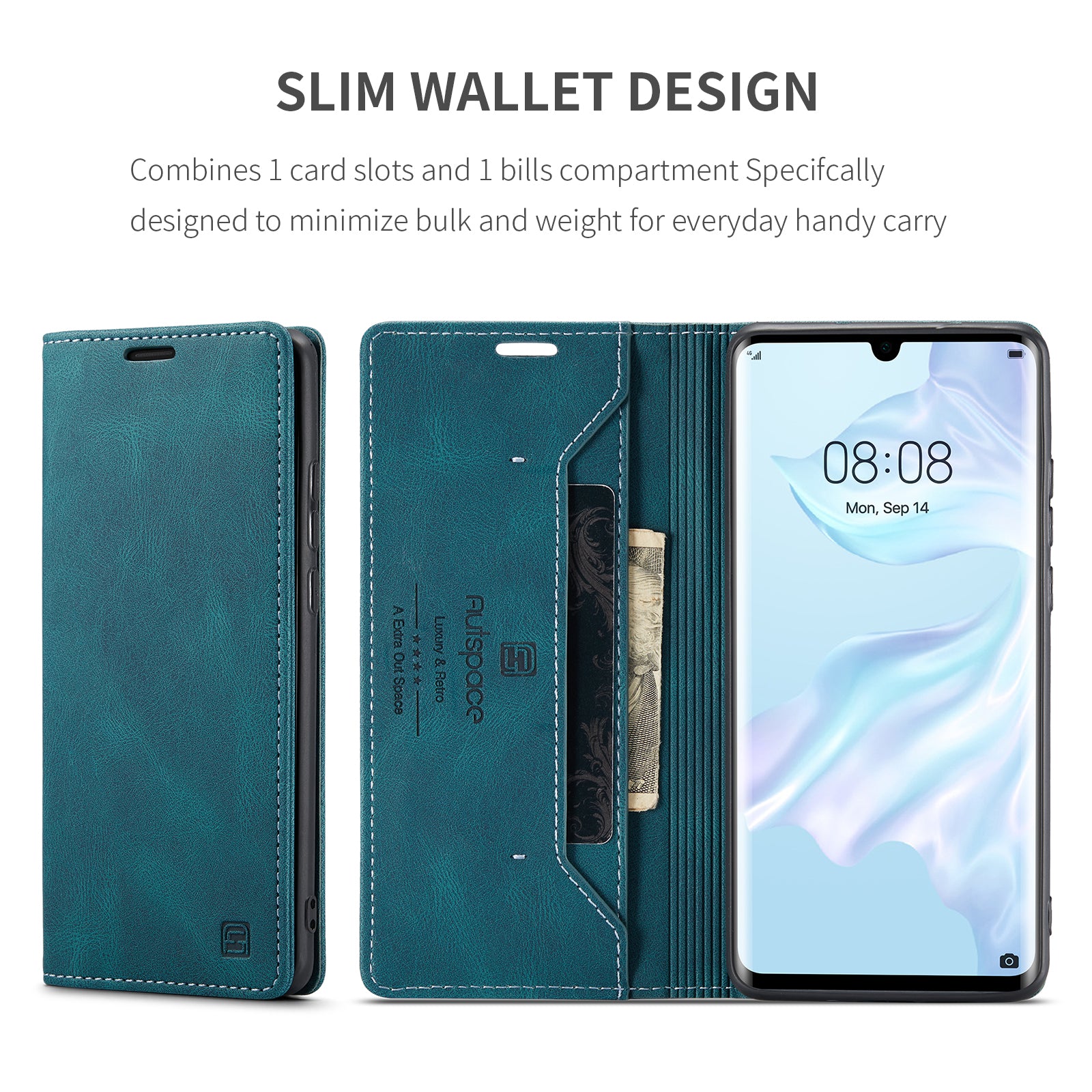 For Huawei P30 Pro Wallet Case AUTSPACE A01 Leather Stand Cover with RFID Blocking Card Holder - Blue