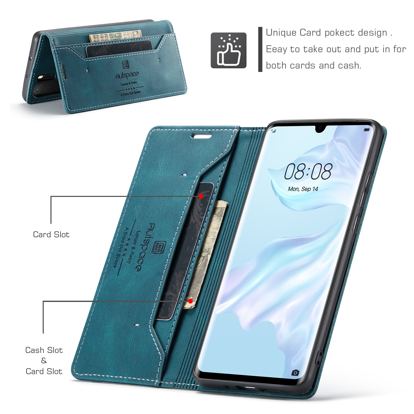 For Huawei P30 Pro Wallet Case AUTSPACE A01 Leather Stand Cover with RFID Blocking Card Holder - Blue