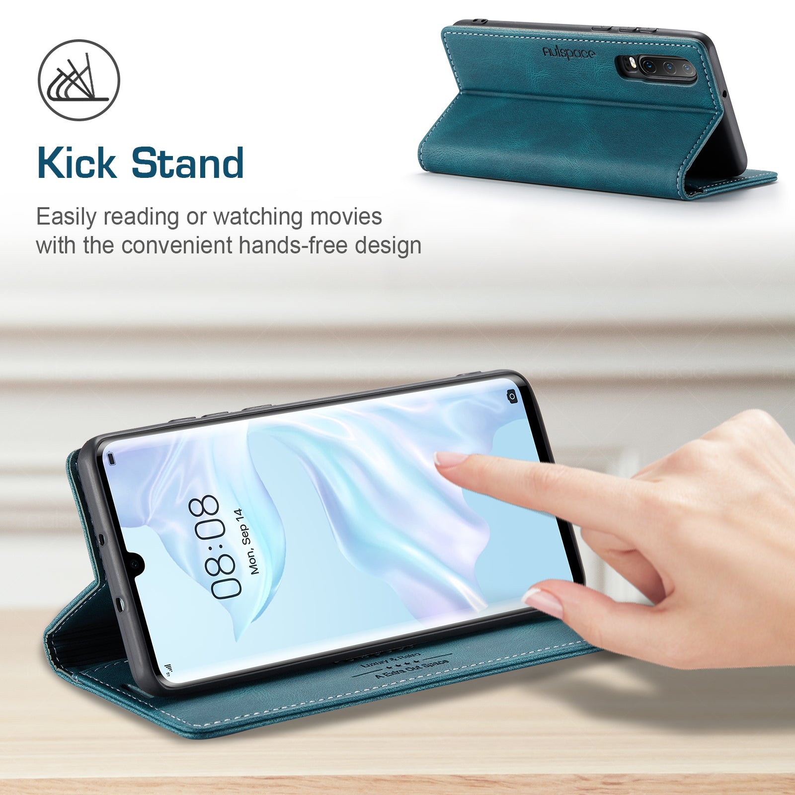 For Huawei P30 Pro Wallet Case AUTSPACE A01 Leather Stand Cover with RFID Blocking Card Holder - Blue