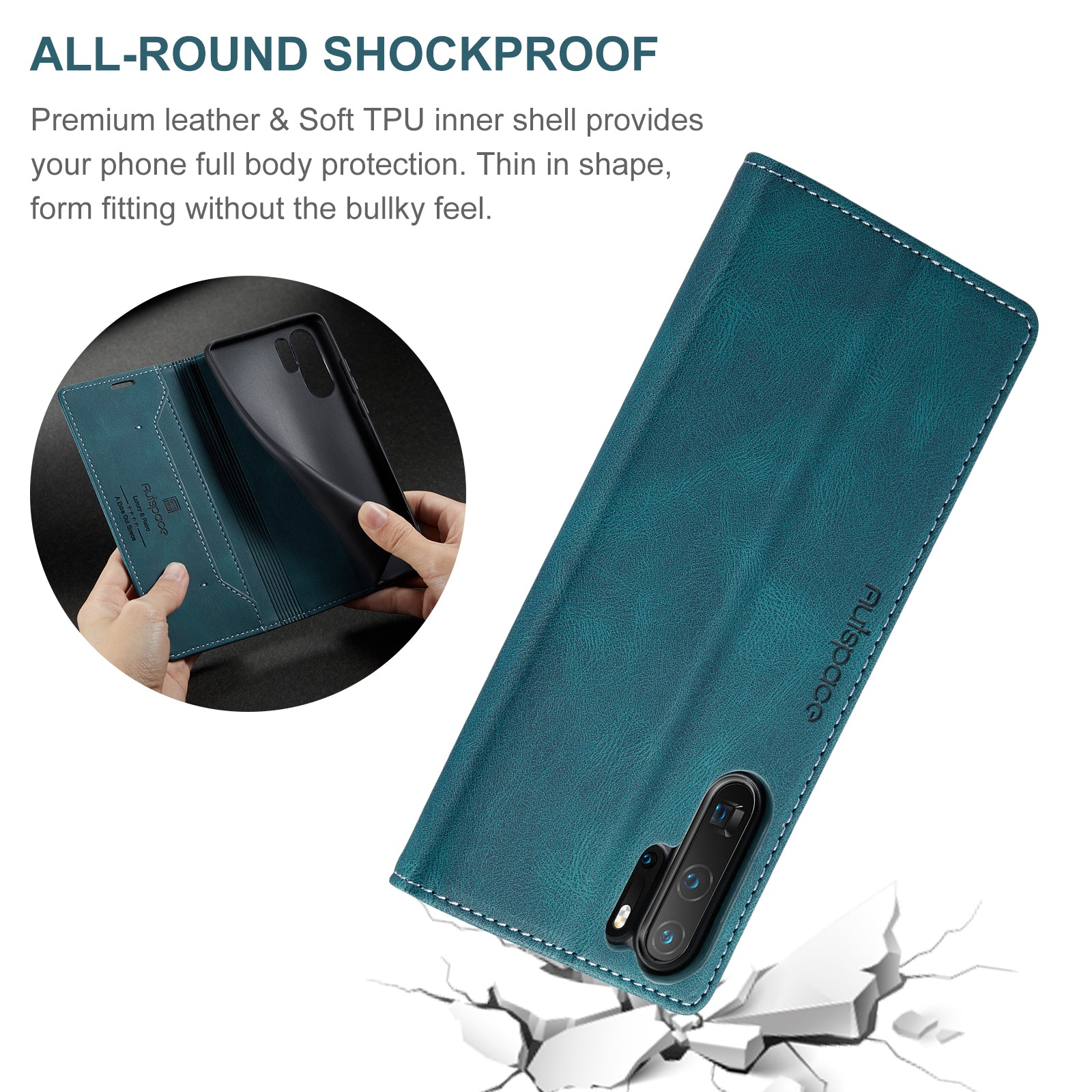 For Huawei P30 Pro Wallet Case AUTSPACE A01 Leather Stand Cover with RFID Blocking Card Holder - Blue