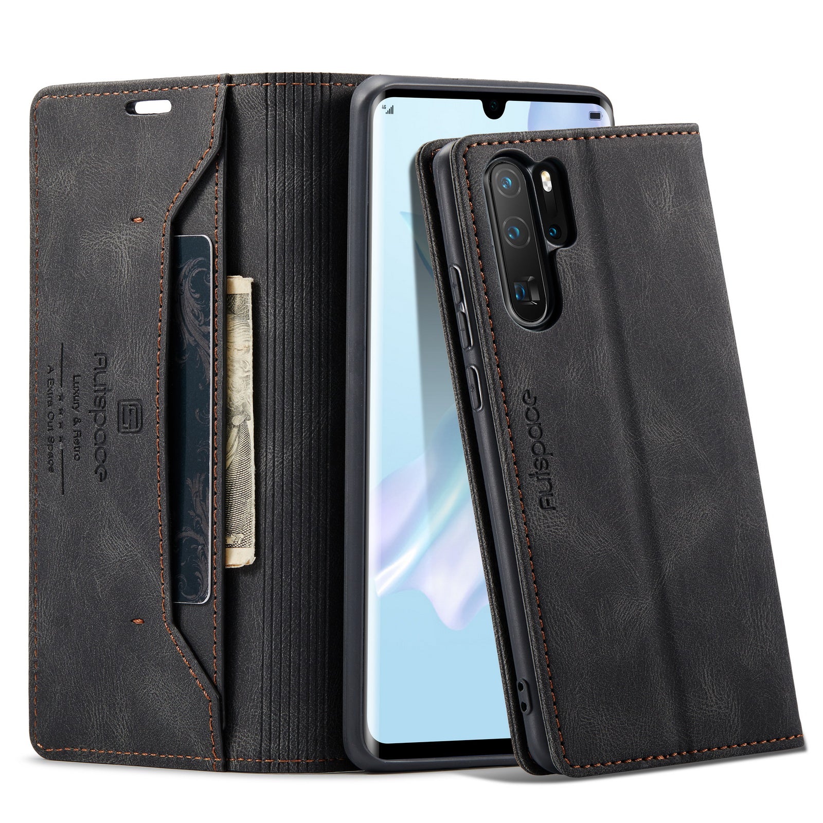 For Huawei P30 Pro Wallet Case AUTSPACE A01 Leather Stand Cover with RFID Blocking Card Holder - Black