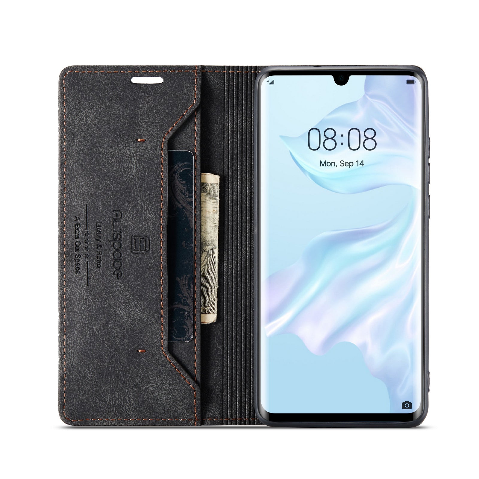 For Huawei P30 Pro Wallet Case AUTSPACE A01 Leather Stand Cover with RFID Blocking Card Holder - Black