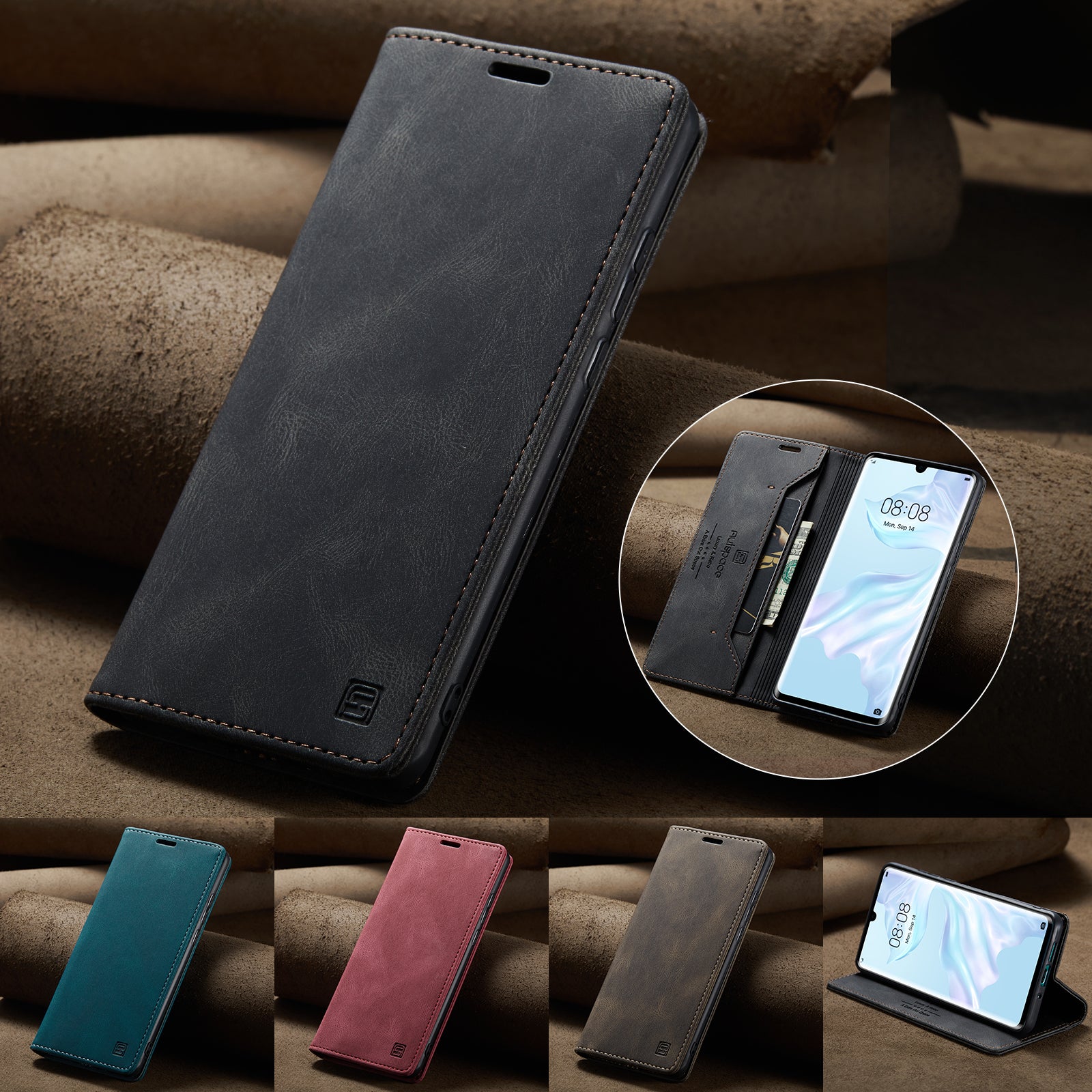 For Huawei P30 Pro Wallet Case AUTSPACE A01 Leather Stand Cover with RFID Blocking Card Holder - Black