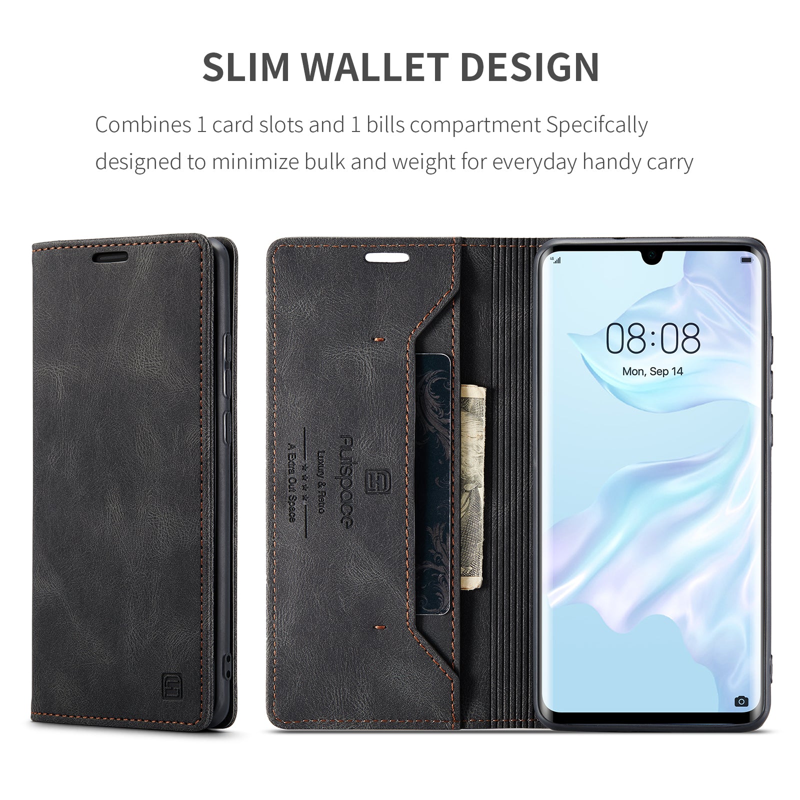 For Huawei P30 Pro Wallet Case AUTSPACE A01 Leather Stand Cover with RFID Blocking Card Holder - Black