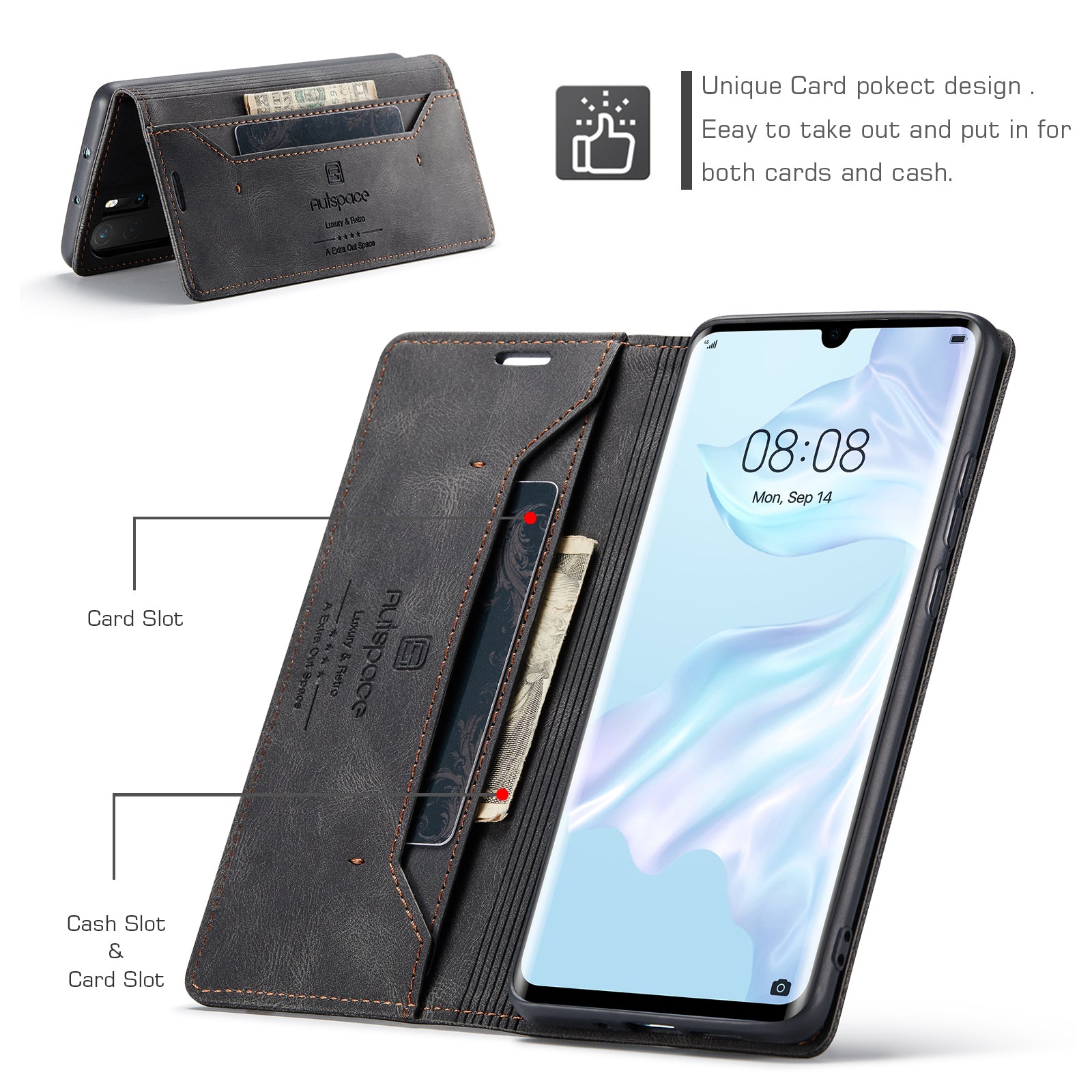 For Huawei P30 Pro Wallet Case AUTSPACE A01 Leather Stand Cover with RFID Blocking Card Holder - Black