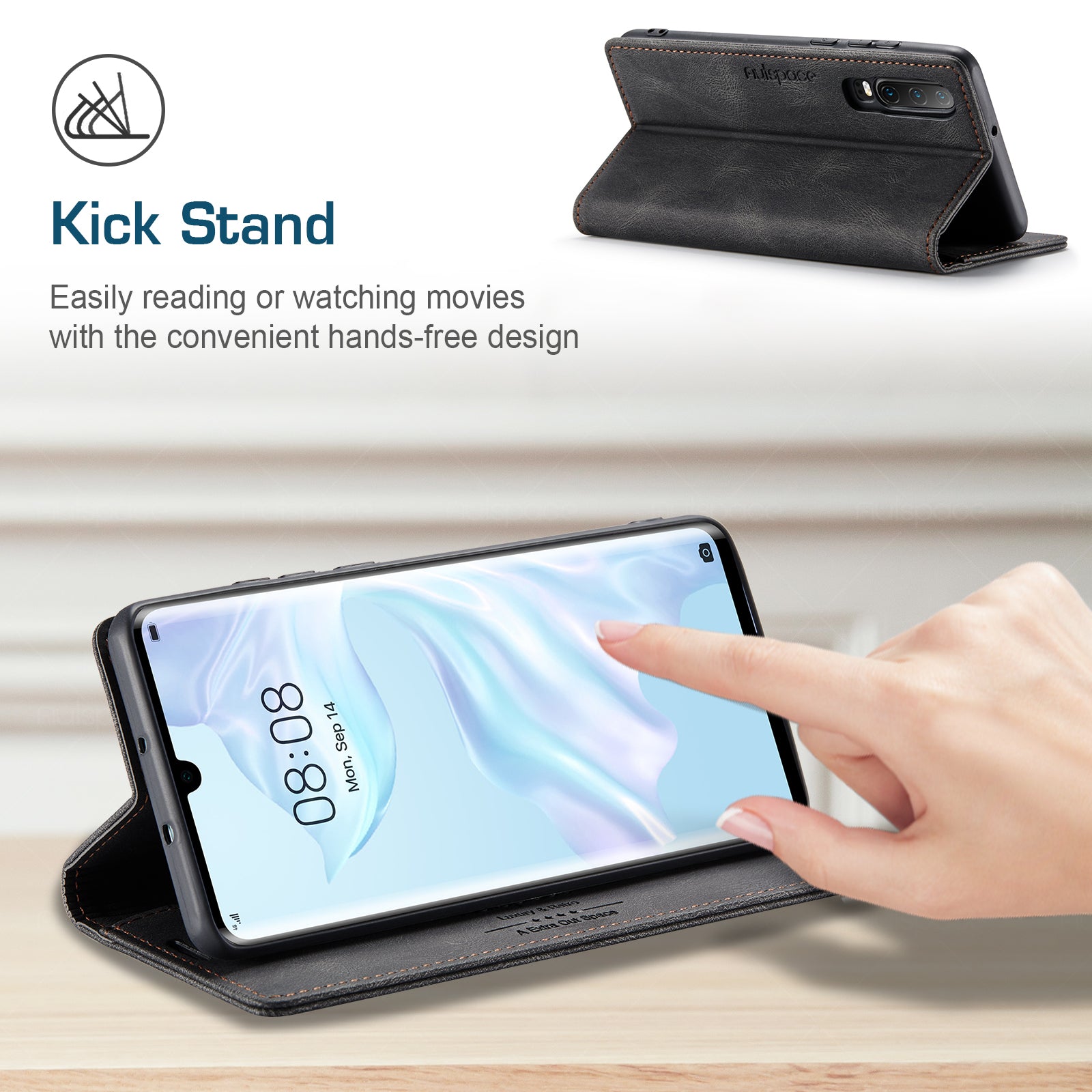 For Huawei P30 Pro Wallet Case AUTSPACE A01 Leather Stand Cover with RFID Blocking Card Holder - Black