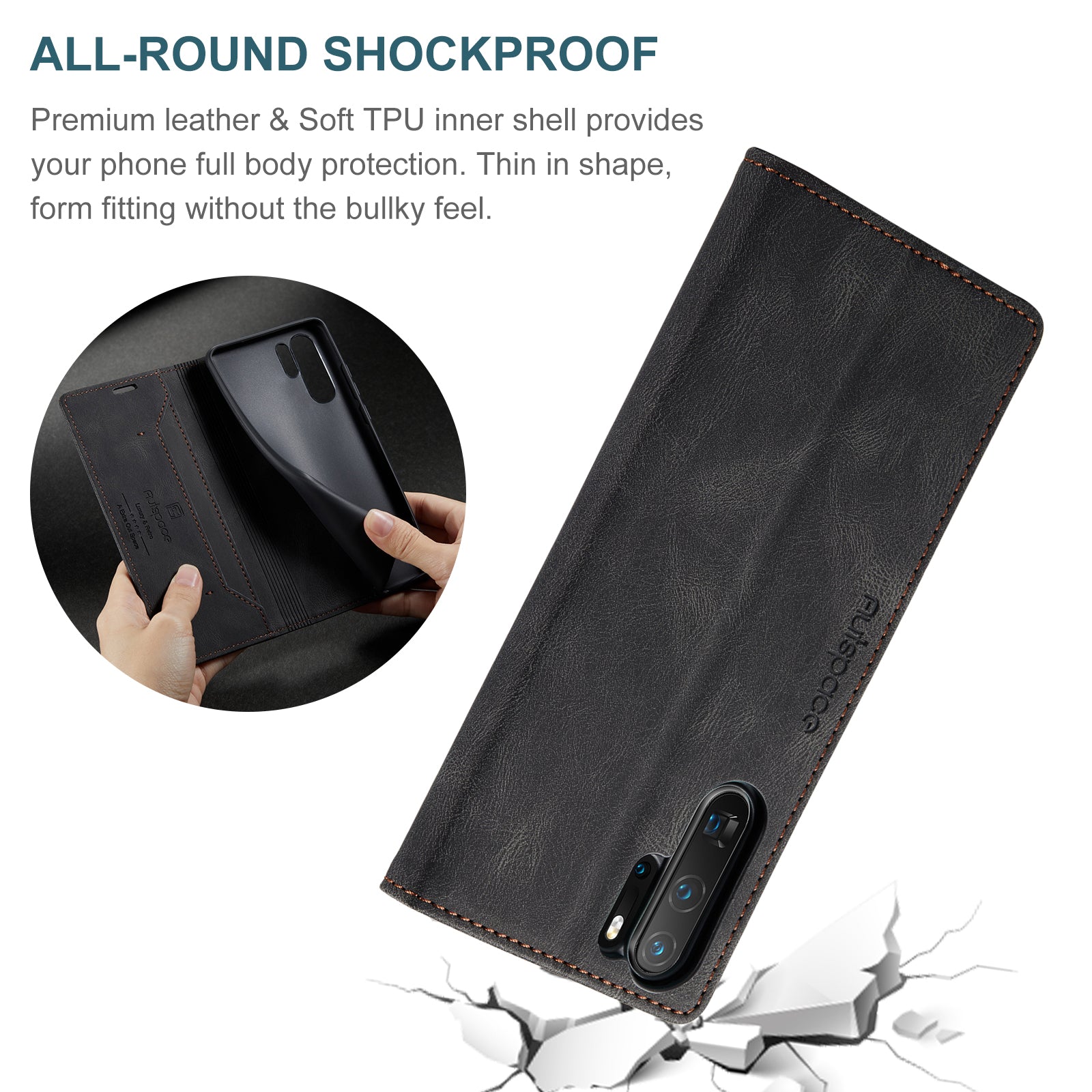 For Huawei P30 Pro Wallet Case AUTSPACE A01 Leather Stand Cover with RFID Blocking Card Holder - Black