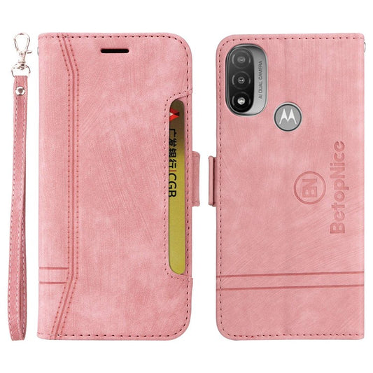 BETOPNICE 001 For Motorola Moto E20 / E30 / E40 Imprinted Stitching Line PU Leather Wallet Case Foldable Stand Protective Cover with Strap - Pink