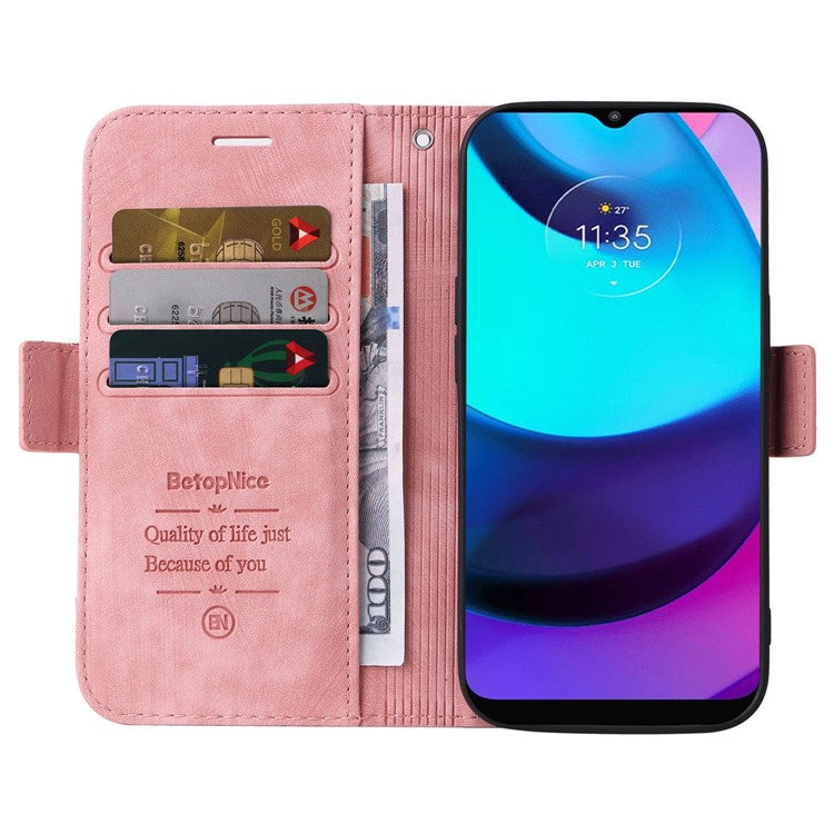 BETOPNICE 001 For Motorola Moto E20 / E30 / E40 Imprinted Stitching Line PU Leather Wallet Case Foldable Stand Protective Cover with Strap - Pink